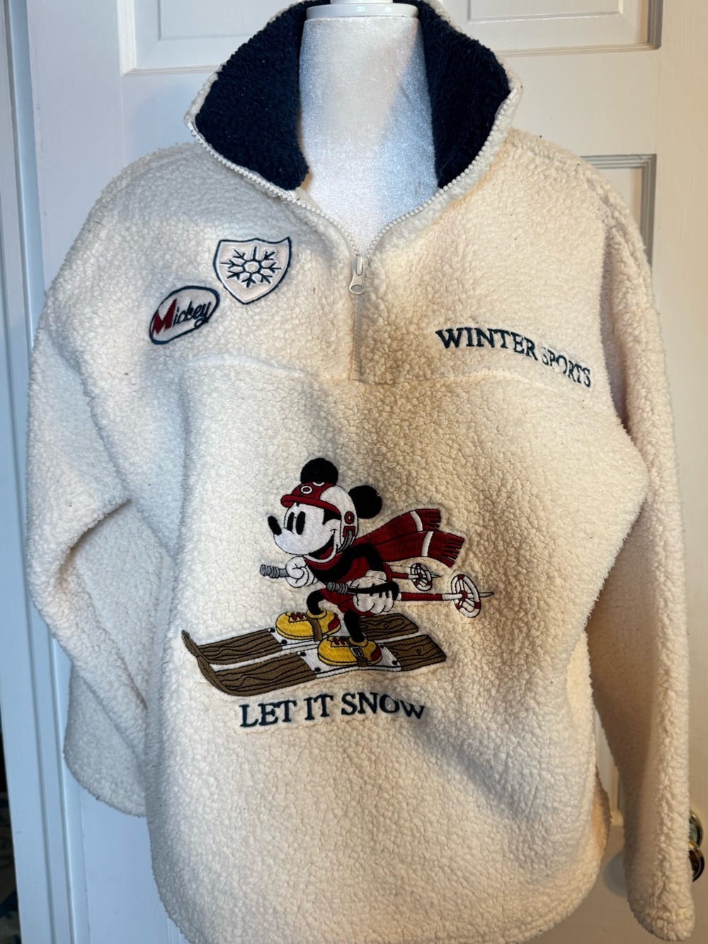Disney Cream Sherpa Pullover with Black Collar & Red Mickey Ski Graphic